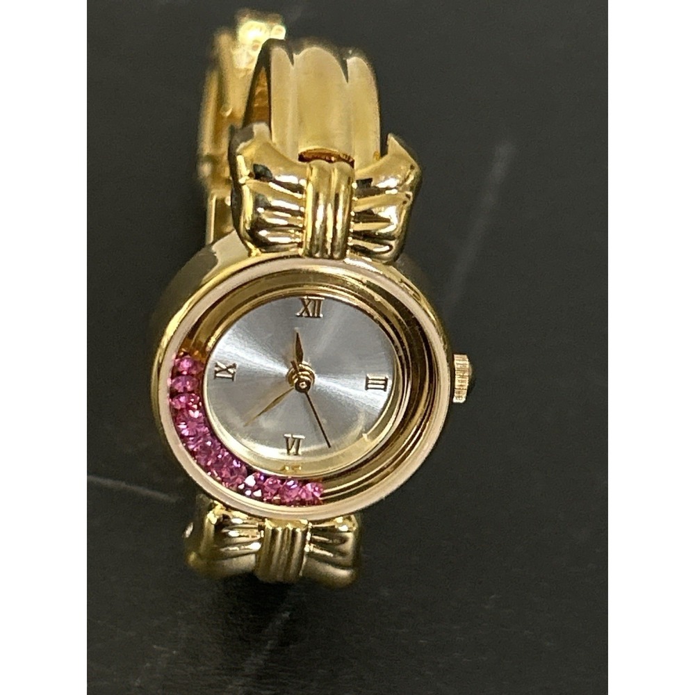 GoldTone Bracelet Watch Floating Lavender-pink Rhinestone Bezel Japan Quartz Y2K - Picture 8 of 9